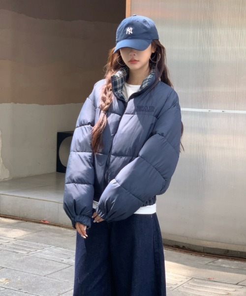 ダウンコート ダウンジャケット 2WAY 無地＆チェックリバーシブル