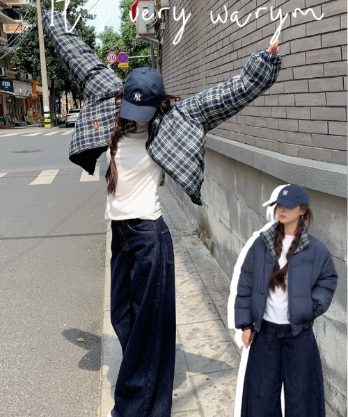 ダウンコート ダウンジャケット 2WAY 無地＆チェックリバーシブル