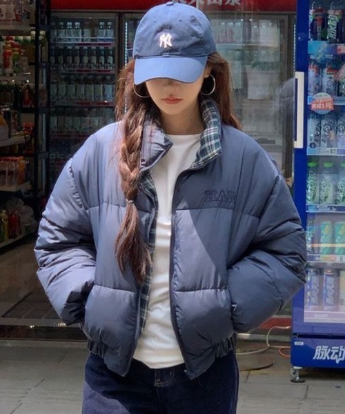 ダウンコート ダウンジャケット 2WAY 無地＆チェックリバーシブル