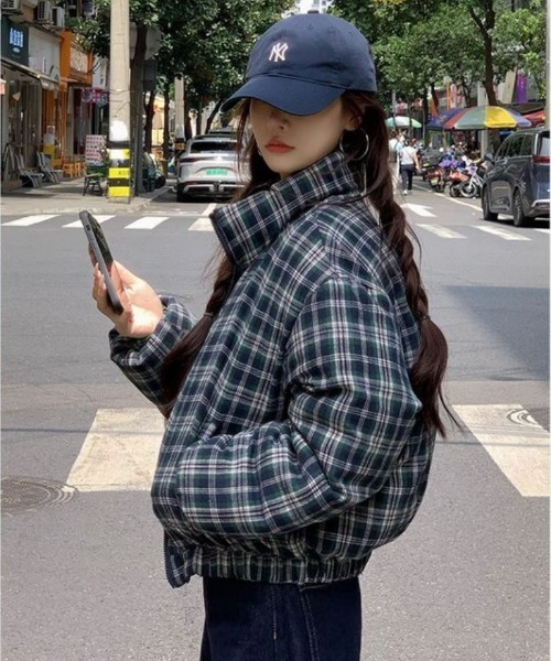 ダウンコート ダウンジャケット 2WAY 無地＆チェックリバーシブル