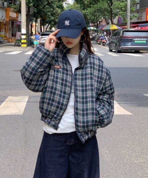 ダウンコート ダウンジャケット 2WAY 無地＆チェックリバーシブル