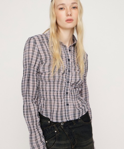 SLY RANDOM SHIRRING トップス M/PNK シャツ SLY（スライ） ブラウス シャツ 「2026SS新作」RANDOM SHIRRING TOPS