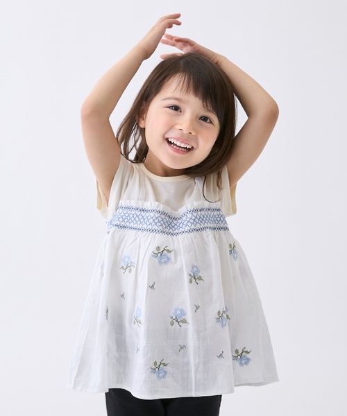 petit main tシャツ 「リンク」クロスステッチ花ドッキングTシャツ