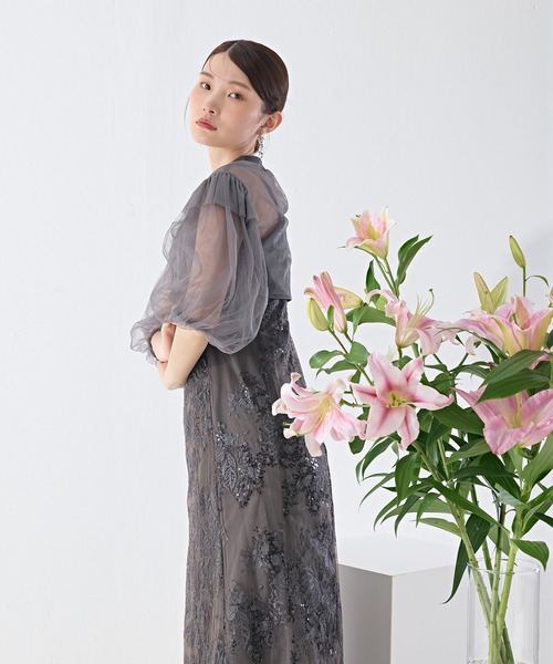 kana花柄 マーメイドワンピース♡ボリューム袖 黒 結婚式 オケージョン Kana パーティードレス ドレス 花柄マーメイドバルーン袖ボレロ