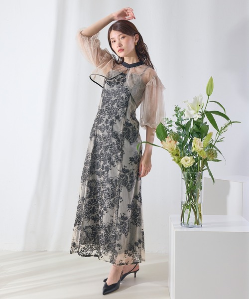 本日限定◆Kana 花柄 マーメイドドレス M ブラック 結婚式 バルーン袖 Kana パーティードレス ドレス 花柄マーメイドバルーン袖ボレロ