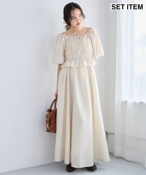 ワンピース 夏 半袖 「セットアイテム」シャーリングブラウスセットワンピース 1054930 | mysty woman | 01
