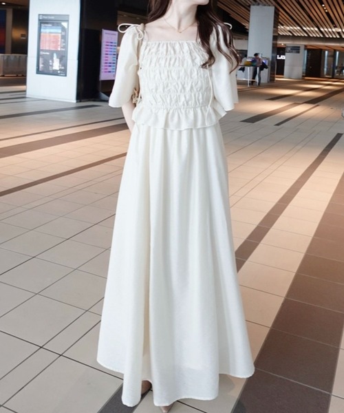 ワンピース 夏 半袖 「セットアイテム」シャーリングブラウスセットワンピース 1054930 | mysty woman | 22