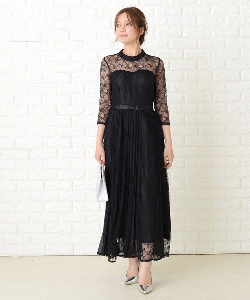 美品ドルチェ&ガッバーナ　メッシュレースリボン　ブラックドレス　ロングワンピース レースレディース Lace Ladies ハイネック七分袖総レース