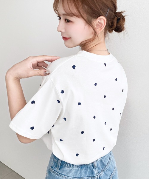 MH kobo ハート刺繍付きホワイト半袖シャツ moment+ tシャツ 半袖 ハート刺繍半袖Tシャツ レディース : ZOZOTOWN