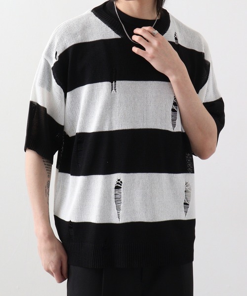 セーター メンズ ボーダーストライプ ダメージ ラウンドネック XU（エックスユー）の「【XU/エックスユー】stripe damage knit