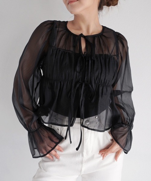 Rashik ブラウス シャツ 2wayシャーリングシアートップス