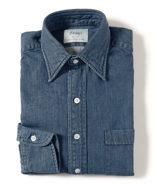 Drake's デニムシャツ 15-38 Drake's Denim Western Shirt Bleach Wash - Made in United