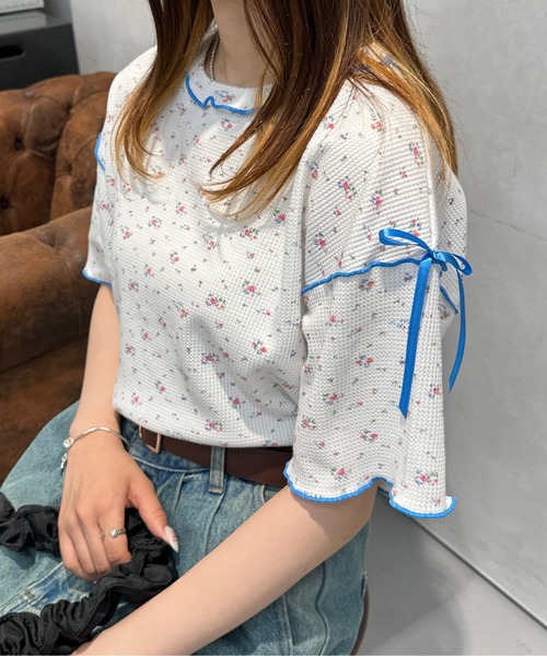 kutir（クティール） tシャツ 半袖 小花柄ワッフルリボンTシャツ