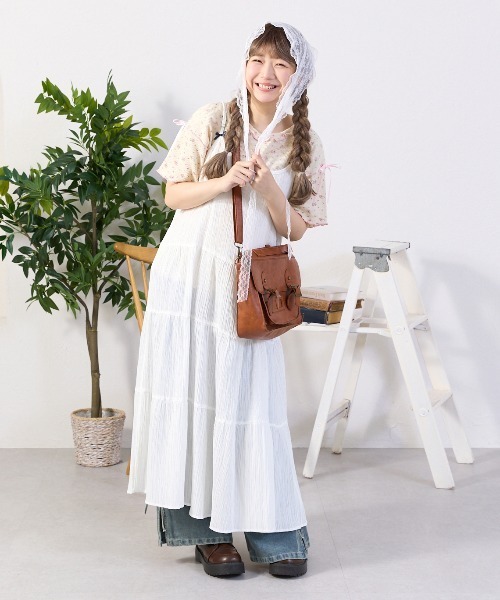 kutir（クティール） tシャツ 小花柄ワッフルリボンTシャツ/サーマルT