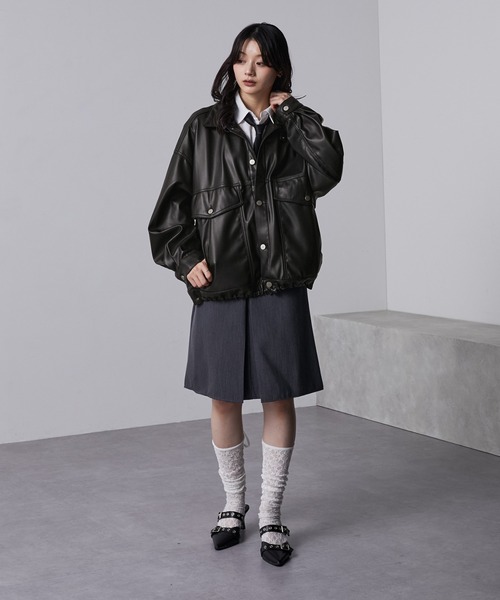 uyu.2024 黒 レザー オーバーサイズジャケット ブラックレザーオーバーサイズジャケット uyu.2024 黒 レザー オーバー