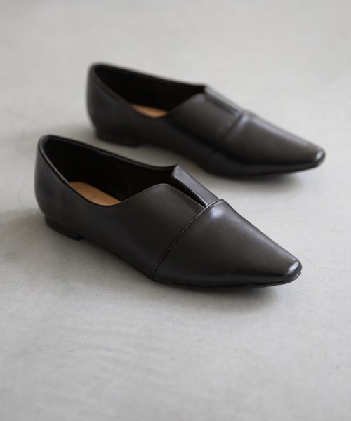 オーガ フラットシューズ 本革 スクエアトゥ 黒 23.0 オーガ フラット