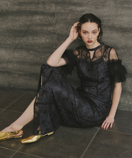 ANDRESD ドレス key neck embroidery dress / キーネックエン