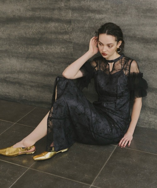ANDRESD ドレス key neck embroidery dress / キーネックエン