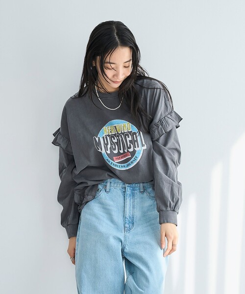 tシャツ シアードッキングフリルスリーブTシャツ レディース coen tシャツ フハク ドッキング フリル袖 ロングスリーブT