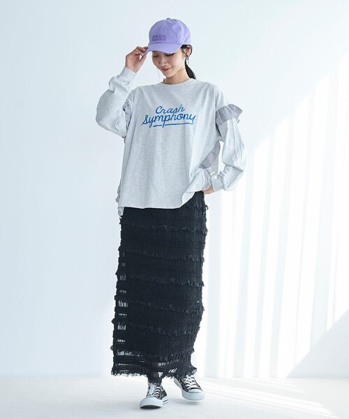 tシャツ オーガンジーフリルドッキングロングスリーブ レディース GIRL｜フリルドッキングロングスリーブTシャツ カットソー