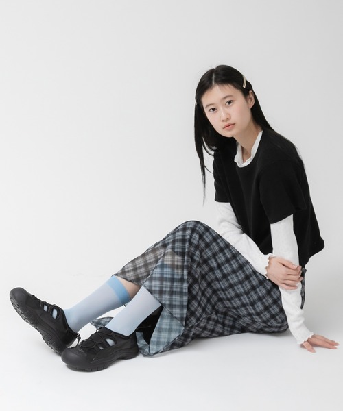 HEILIS スカート シアーシフォンチェックスカート/フレア