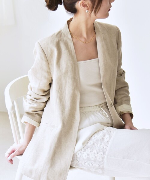 美品✨レオナール ノーカラージャケット ベージュ　XL シルク　リネン アウトレット】【夏向け】麻調ノーカラージャケット ベージュ