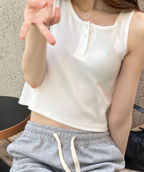 ツィンマーマンワイリー クロップドタンクトップ meJane タンクトップ ノースリーブ ヘンリーネック クロップド丈