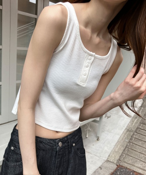 meJane タンクトップ ノースリーブ ヘンリーネック クロップド丈