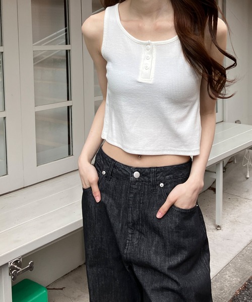 meJane タンクトップ ノースリーブ ヘンリーネック クロップド丈
