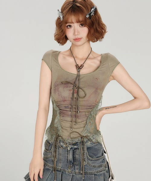 tシャツ サイドシェイプレース ショートスリーブトップス GH25s063「Girlyhalo」 レディース
