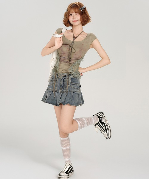 tシャツ サイドシェイプレース ショートスリーブトップス GH25s063「Girlyhalo」 レディース c.u.l tシャツ サイドシェイプレース ショートスリーブトップス