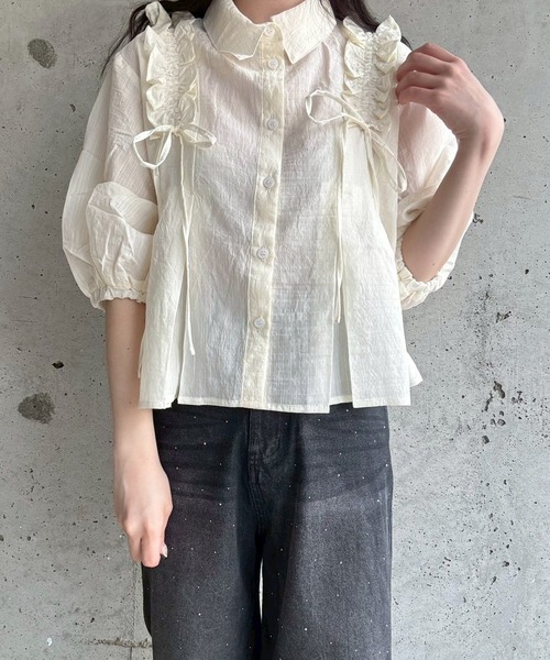 support surface◆別注/ボリュームスリーブ/ブラウス/1/ポリエステル/WHT SHIPS Colors:〈手洗い可能〉スラブ ボリュームスリーブ