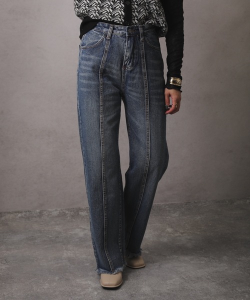 [ap retro] повреждение обработка Denim брюки MEDIUM голубой женский 