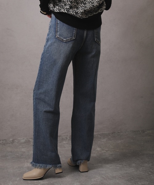 [ap retro] повреждение обработка Denim брюки MEDIUM голубой женский 