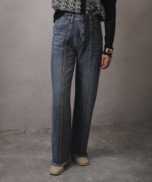 [ap retro] повреждение обработка Denim брюки MEDIUM голубой женский 