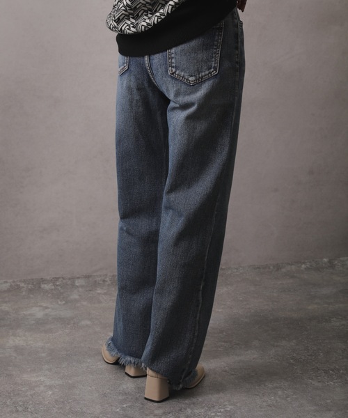 [ap retro] повреждение обработка Denim брюки MEDIUM голубой женский 