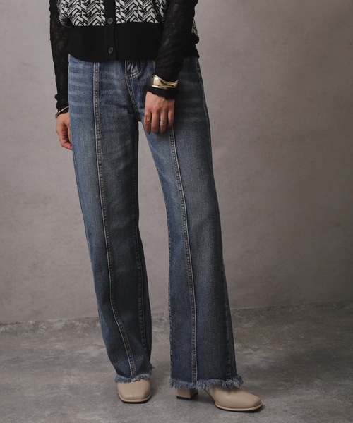 [ap retro] повреждение обработка Denim брюки MEDIUM голубой женский 