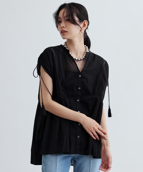 INDIVI GALLEST ブラウス シャツ シャーリングスリーブコットン 