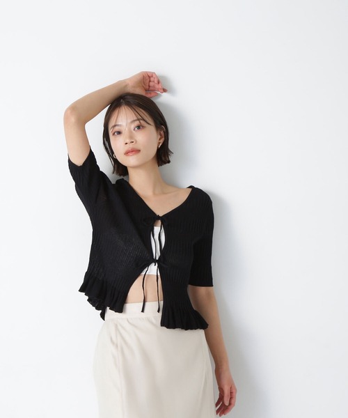 【レア　リネン混】ナギサ　nagisa レース　リボン3段　カーディガン　黒　F fifth 透かし編みリボンカーディガン | 人気レディース