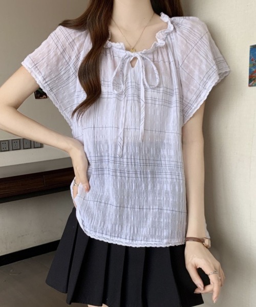 ブラウス シャツ フリルカラーチェック柄シアー半袖ブラウス レディース