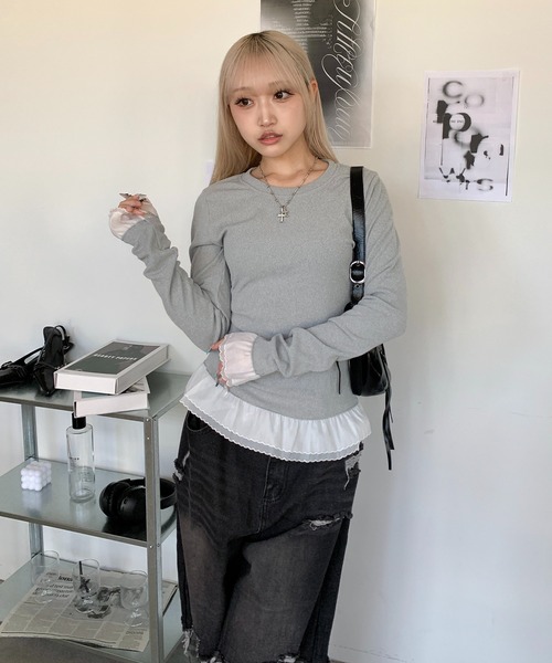 lilful tシャツ バイカラーフリルデザイン リブニットトップス