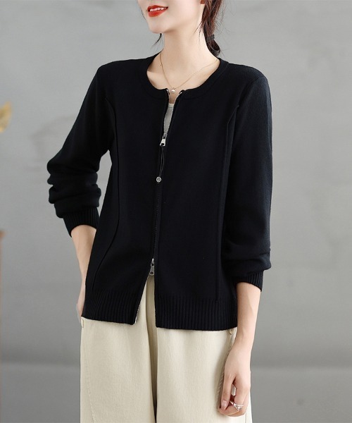カーディガン ダブルジップラウンドネックニットカーディガン