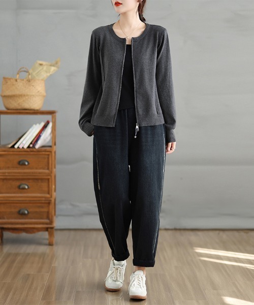 カーディガン ダブルジップラウンドネックニットカーディガン
