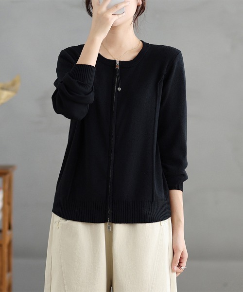 カーディガン ダブルジップラウンドネックニットカーディガン