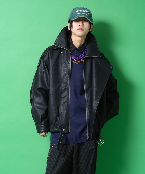 革ジャン ライダース a.p.o.v. ダブルカラー合成皮革オーバーサイズ