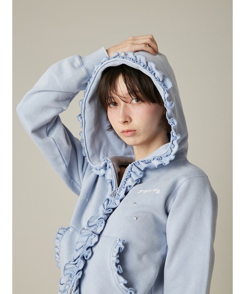 【入手困難】Satoiフリル付きジップアップパーカー grayblue【限定品】 FURFUR（ファーファー） パーカー フリルジップアップフーディー