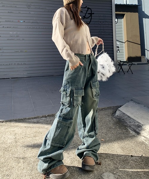 ば*や様 00s 日本製 evisu donna レディース デニム カーゴパン Kuroba ワイドパンツ ジーンズ デニム デニムパンツ デニムカーゴ