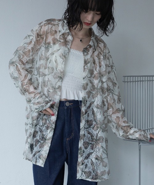 美品✨マックスマーラリネン100％花柄シアーシャツブラウス羽織り麻春夏フラワー ブラウス シャツ ヴィンテージフラワー柄レースシアーシャツ