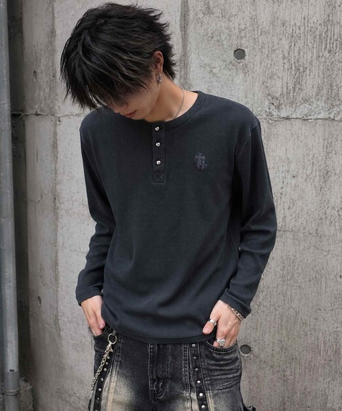 8 ヘンリーネック tシャツ クロス刺繍 ワッフルヘンリーネックロンT