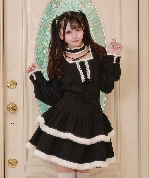 Pal elfy ワンピース チョーカー付き編上げファーワンピース